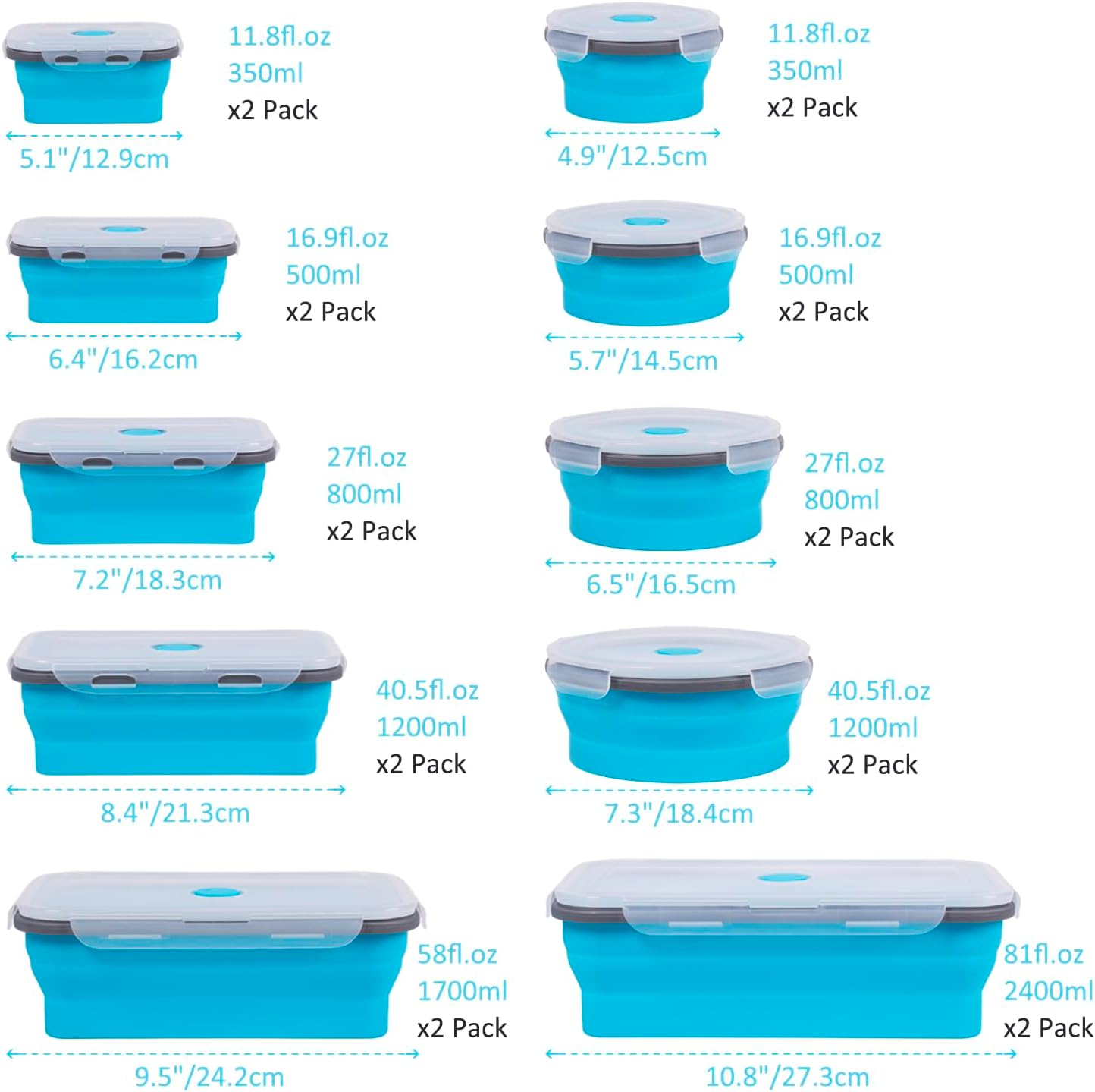Collapsible Food Storage Containers with Lids, 4 Pack, 40 oz Silicone 1-Compartment Meal Prep Containers Reusable, Lunch Bento Boxes for Adults, Microwave Freezer Dishwasher Safe, BPA-Free, Black
