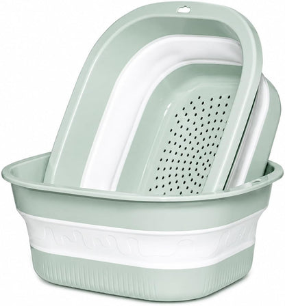 Collapsible Colander & Wash Basin Set, 2-in-1 Foldable Dishpan with Drain Holes, Space-Saving Kitchen Sink Tub for Washing Fruits, Vegetables, Meal Prep & Kitchen Use (Pink)