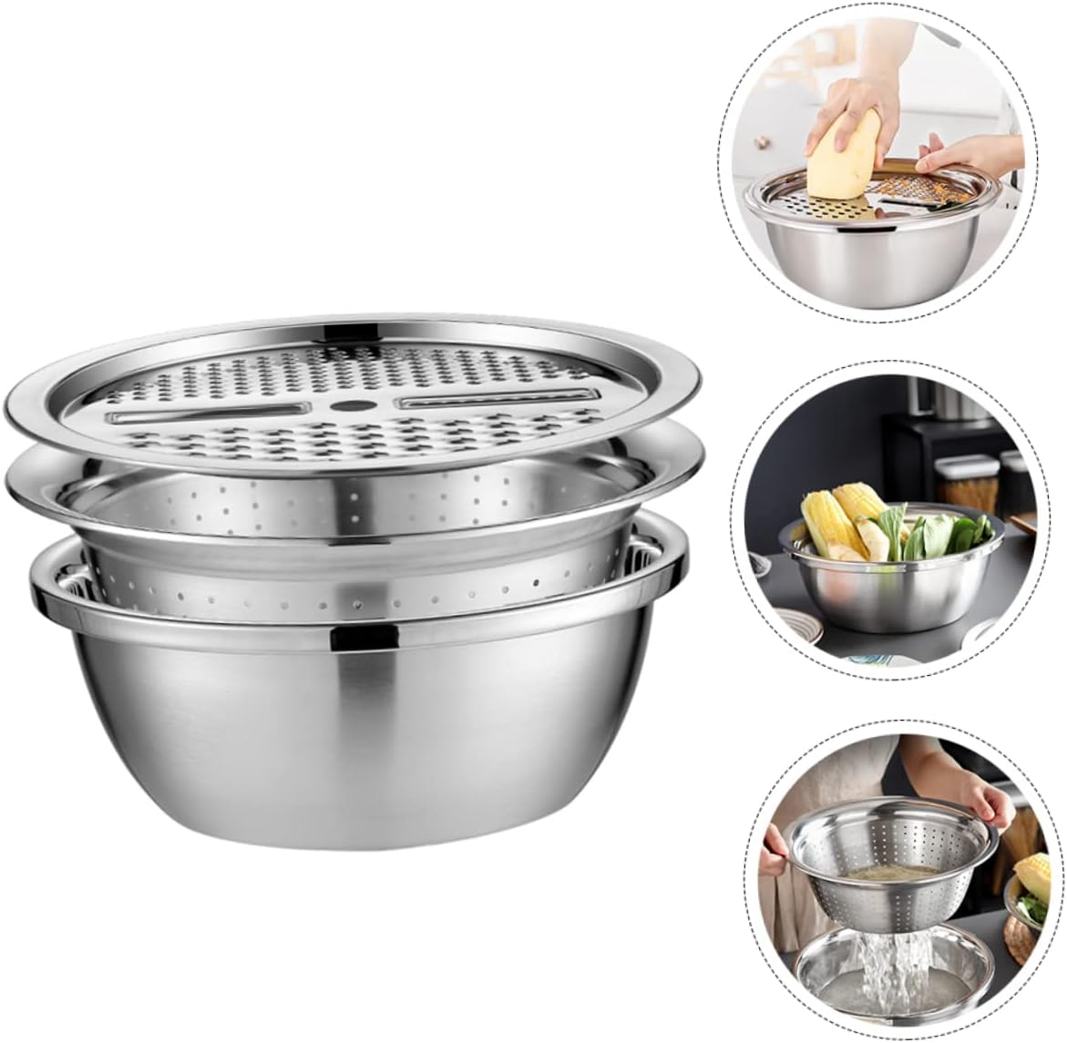 Stainless Steel Grater with Bowl Multiuse Strainer Shredder Slicer for Vegetable Prep Rice Washing Draining and Chopping Portable Kitchen Tool for Home