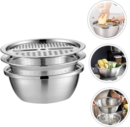 Stainless Steel Grater with Bowl Multiuse Strainer Shredder Slicer for Vegetable Prep Rice Washing Draining and Chopping Portable Kitchen Tool for Home
