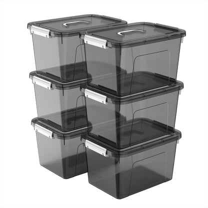 6 Quart Stackable Plastic Storage Bins with Lids, 6 Pack Clear Black Small Organizer Boxes with Latches for Bathroom, Pantry, Office Desk and Small Item Storage