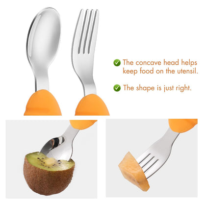Baby Fork and Spoon Set with Carry Case Baby Training Utensils Self Feeding Toddler Silverware Silicone and Stainless Steel Kids and Toddler Utensil Set-Dinosaur