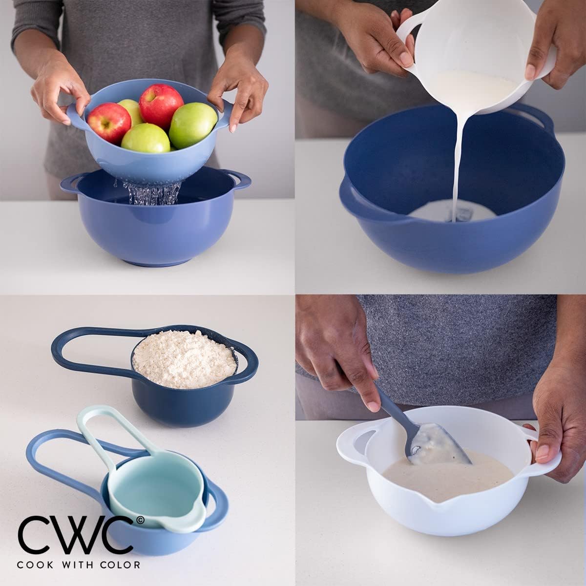 COOK WITH COLOR Nesting Bowls with Measuring Cups Colander and Sifter Set - Includes Mixing Bowls, Colander, Sifter and Measuring Cups, Navy, 8 Pc Bowl