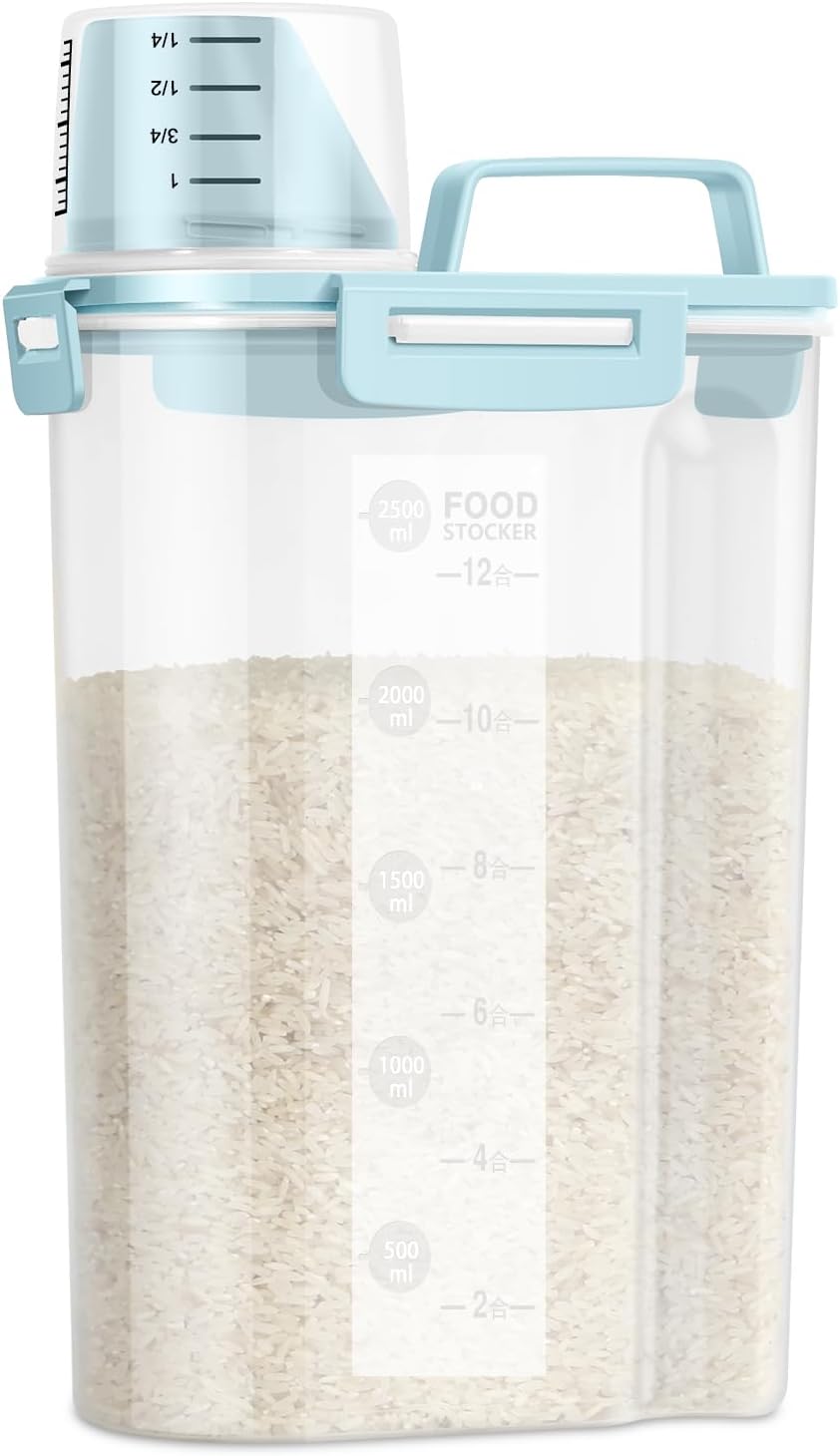 LEAWALK Airtight Rice Storage Container, 3-5Lbs Cereal Dry Food Flour Bin, Pet Dog Cat Food Dispenser with Measuring Cup, BPA Free Plastic Kitchen and Pantry Organization Bin for Sugar-Clear Grey