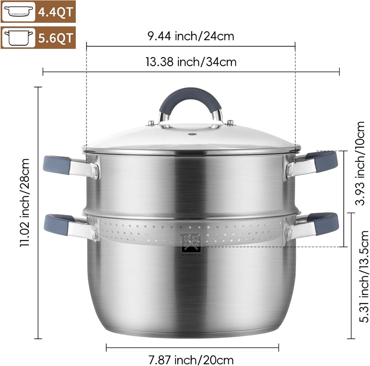 GOLDEN KEY 3.2 QT Steamer Pot With Lid - 2-Tier 18/8 Stainless Steel，Multipurpose Steaming Cookware with Vegetable Steam Basket, Oven & Dishwasher Safe, Triple Bottom for Even Heating, Perfect for Dumplings, Seafood and Vegetables