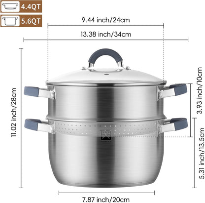 GOLDEN KEY 3.2 QT Steamer Pot With Lid - 2-Tier 18/8 Stainless Steel，Multipurpose Steaming Cookware with Vegetable Steam Basket, Oven & Dishwasher Safe, Triple Bottom for Even Heating, Perfect for Dumplings, Seafood and Vegetables