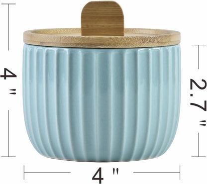 Salt Cellar Keeper with Bamboo Lid, 14oz Big Capacity Ceramic Sugar Bowls Pepper Box, Crackle Glaze Seasoning Container Condiment Pot for Kitchen (Blue Color)