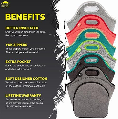 Nordic By Nature Large Neoprene Lunch Bag for Women & Lunch tote for Kids Insulated Lunch bag Reusable Washable Extra Thick Neoprene & Soft Cotton Feel, Premium Stitching, Outside Pocket, (L) Black