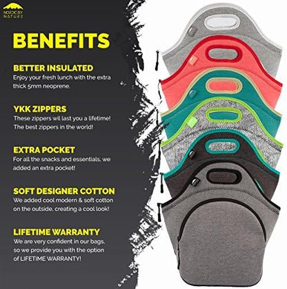 Nordic By Nature Large Neoprene Lunch Bag for Women & Lunch tote for Kids Insulated Lunch bag Reusable Washable Extra Thick Neoprene & Soft Cotton Feel, Premium Stitching, Outside Pocket, (L) Black