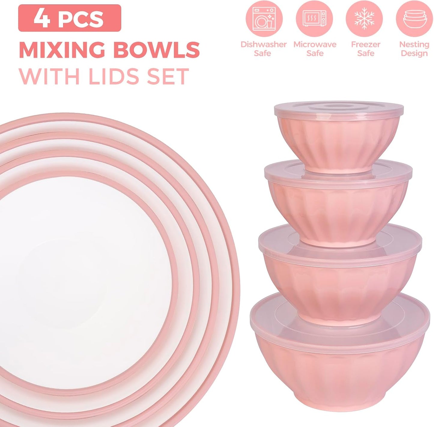 BoxedHome BPA Free Plastic Round Mixing Bowl with Lids, 12 Pack Nesting Bowls with Lids Set, Microwave and Dishwasher Safe Prep & Serving Bowls Great for Mixing, Baking, Serving (pinkish green, 12pcs)