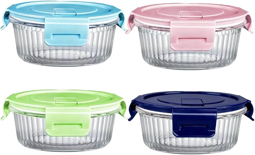 Small Round Glass Food Storage Containers with Lids, 1.5 Cup Round Food Containers set BPA-Free, 12oz Glass Lunch Bowls for Soup Leftover, Microwave, Dishwasher and Freezer Safe (4pack)