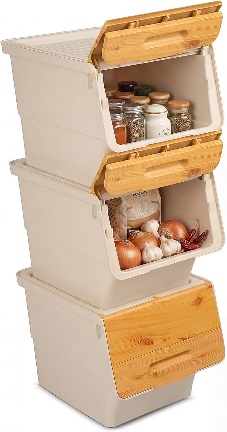 Giantex Plastic Stackable Storage Bins with Lids & Wheels, 3 Pack Open Front Stacking Bins, Organizer Bins for Pantry, Kitchen, Laundry, Closet, Playroom, Bedroom Organization (12.5 QT)
