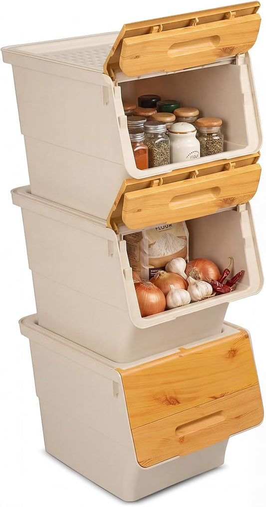Giantex Plastic Stackable Storage Bins with Lids & Wheels, 3 Pack Open Front Stacking Bins, Organizer Bins for Pantry, Kitchen, Laundry, Closet, Playroom, Bedroom Organization (12.5 QT)