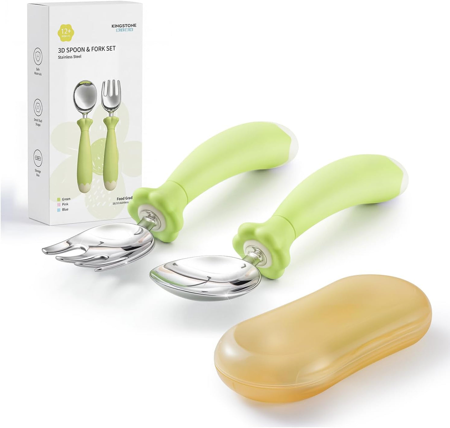 KINGSTONE Toddler Utensils with Case, Kids Silverware Set with Silicone Handles, 18/10 Stainless Steel Children Safe Forks and Spoons, Travel Carrying Cases BPA Free, Dishwasher Safe (blue)