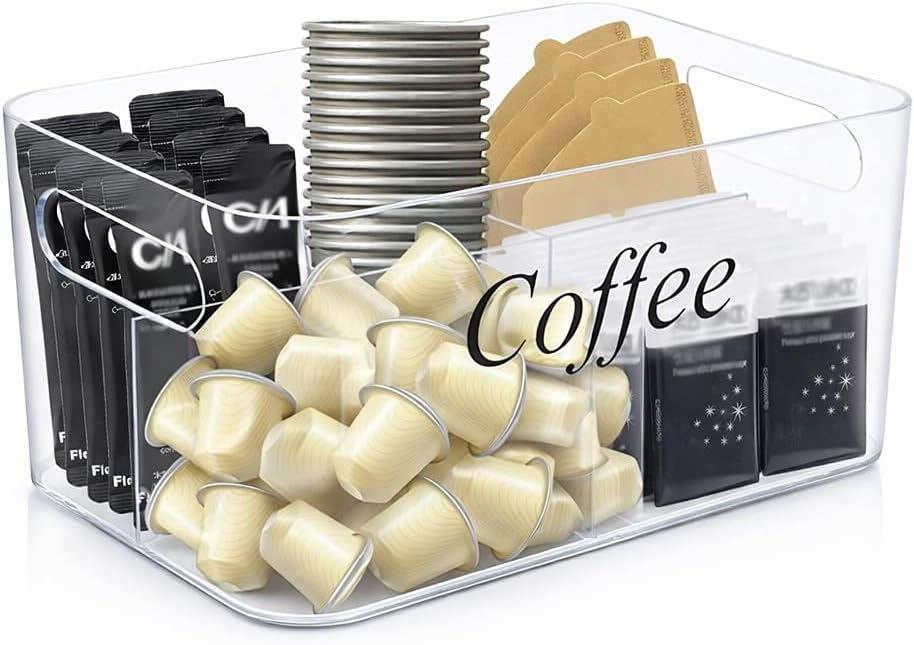 Coffee Bar Station Organizer,Clear Plastic Coffee Bar Accessories Bin with Removable 5-Compartment for Pods Condiment Syrup Tea Cups Stirrers,Coffees Pod Holder for Counter,Kitchen,Office