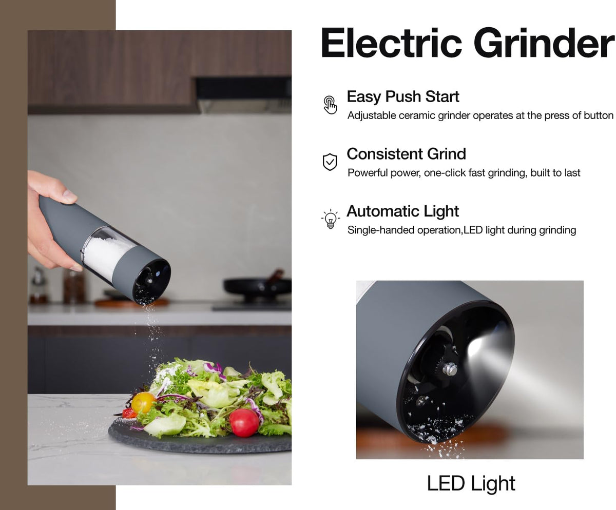Stainless Steel Rechargeable Electric Salt and Pepper Grinder Set – USB Charging, One-Hand Electric Mill, Adjustable Coarseness, LED Light & Dust Cover –2pack(Greige & Buttercream)