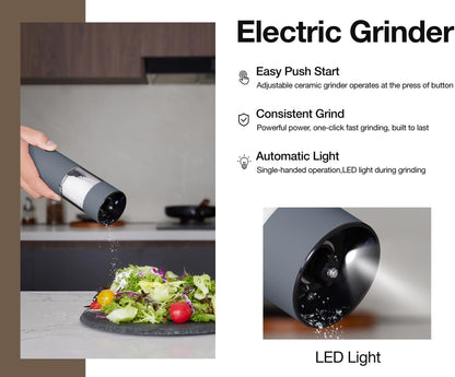 Stainless Steel Rechargeable Electric Salt and Pepper Grinder Set – USB Charging, One-Hand Electric Mill, Adjustable Coarseness, LED Light & Dust Cover –2pack(Greige & Buttercream)