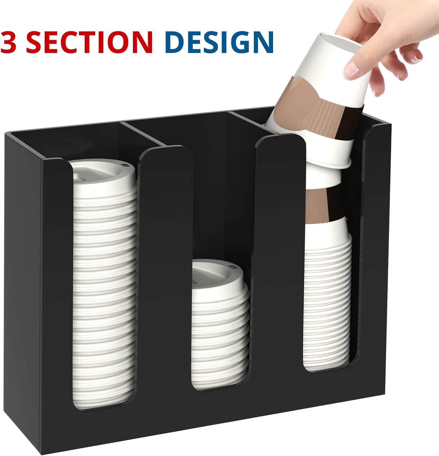 KOTEMON Acrylic Cup and Lid Holder, 3 Compartment, Disposable Coffee Cup Dispenser Cup Storage Organizer, Clear