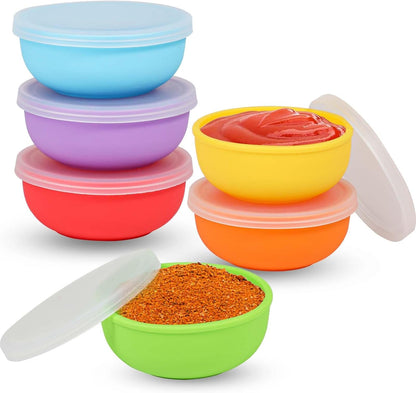 KOLUTI Nonstick Silicone Pinch Bowls Set of 6, 4oz Small Condiment Dipping Sauce Prep Bowl with Lid, Colorful Snack Serving Food Storage Mixing Containers for Side Dish, Microwave & Freezer Safe
