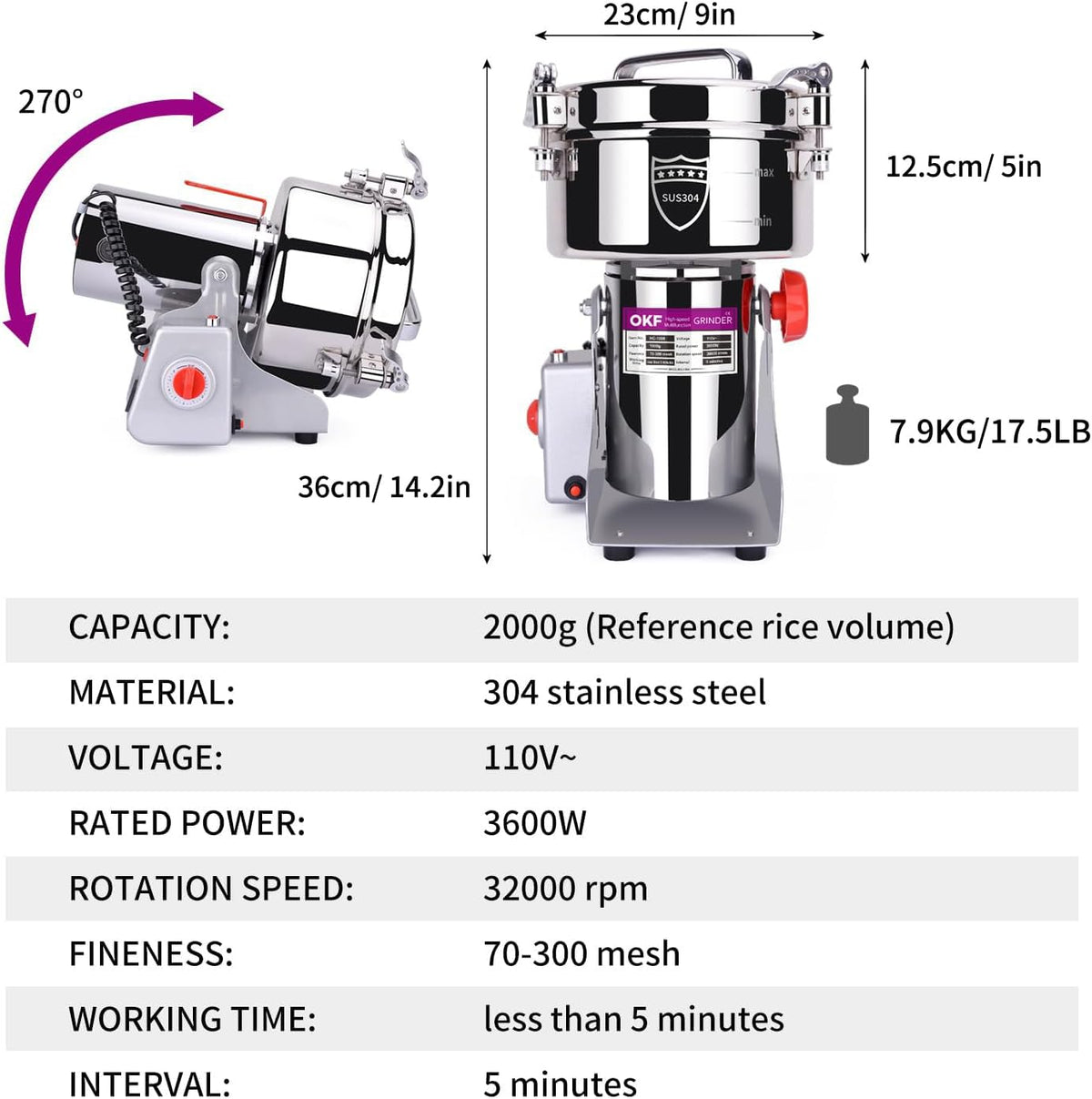 150g Grain Mill, 304 Stainless Steel Spice Grinder, 1500W High-speed Commercial Flour Mill, Superfine Flour Mill Grinder for Home, Grain Mill for Flour