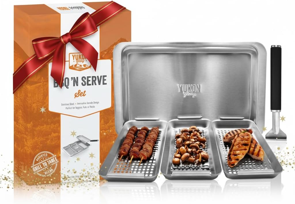 Yukon Glory™ BBQ 'N SERVE Premium Set, Includes 3 Grill Baskets, Serving Tray, Bamboo Cutting Board, Plastic Lid and Clip-on Handle