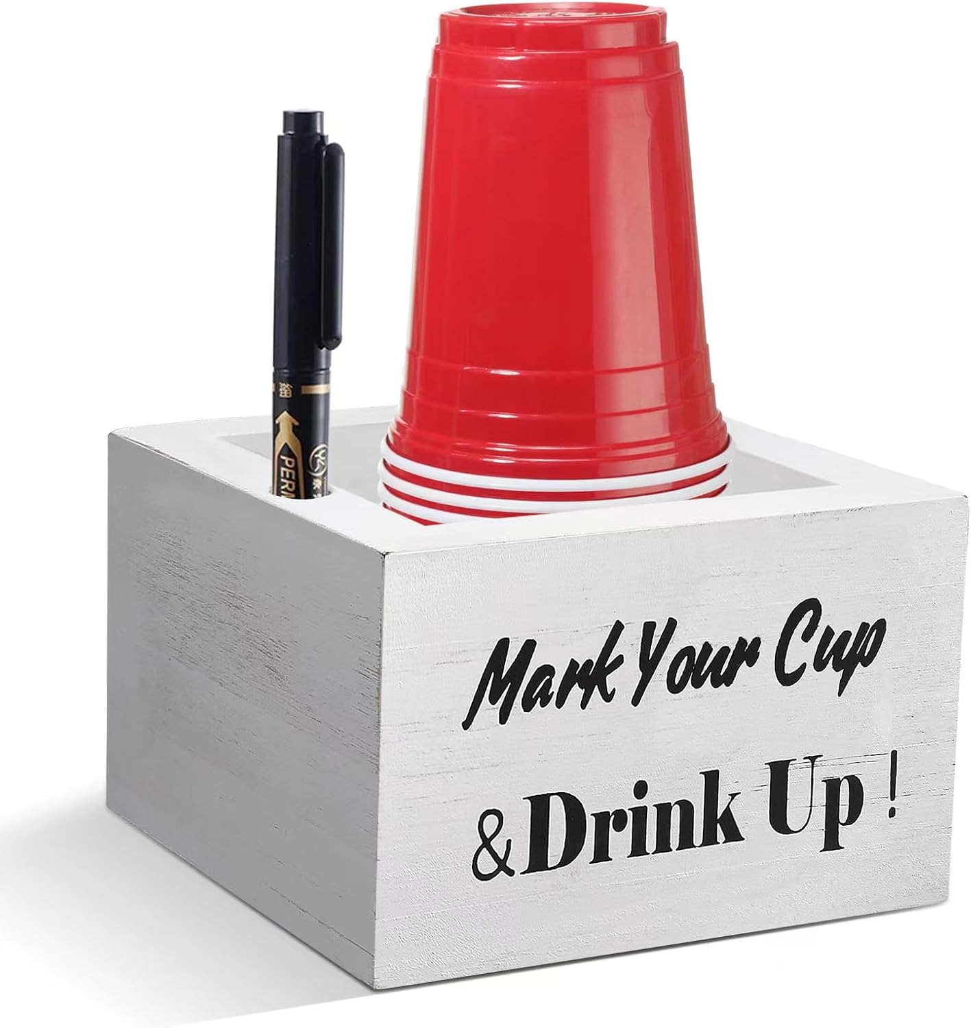 Wooden Cup Holder - Party Cup Holder with Marker Slot, Cup Holder for Party and Wedding, Rustic Disposable for Bar, Kitchen, Countertop, Home & Office, White