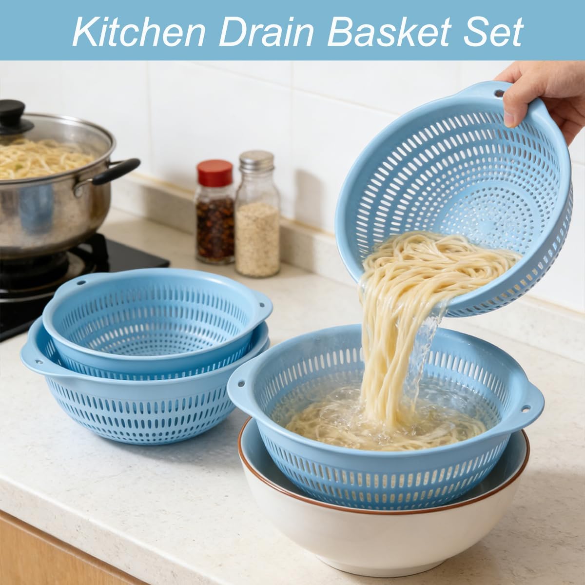 3 pcs Plastic Wash Basket Round Perforated Colander Wash Vegetables and Fruits Drain Cooked Pasta Kitchen Essentials Food Strainer Basket Strainer Kitchen Blue Yellow green red (3PCS-Green)