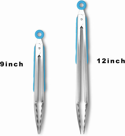 304 Stainless Steel Kitchen Cooking Tongs, 9" and 12" Set of 2 Sturdy Grilling Barbeque Brushed Locking Food Tongs with Ergonomic Grip, Black