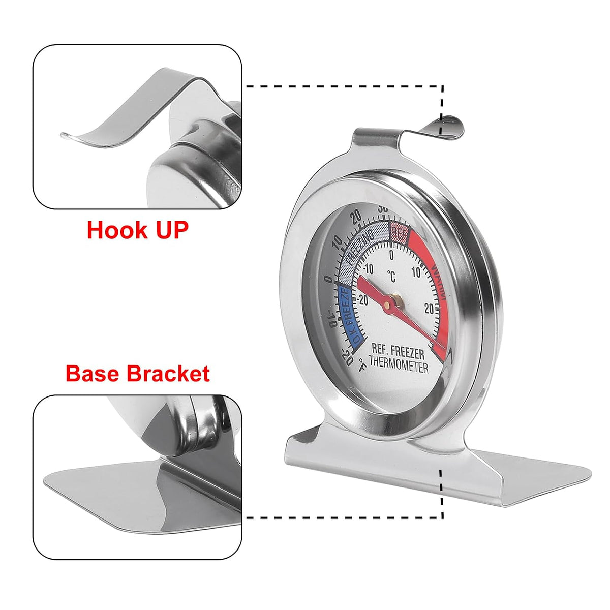 Refrigerator Thermometer -30~30°C/ 20~80°F Fridge Analog Freezer Thermometer Stainless Steel Large Dial Temperature Gauge for Home, Kitchen, Restaurants Refrigerator