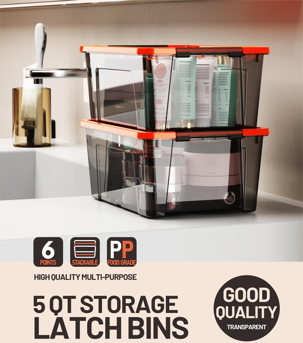 WYT Clear Storage Latch Bins, 6-Pack Storage Organizer Box with Handle and Lids, 5-Litre