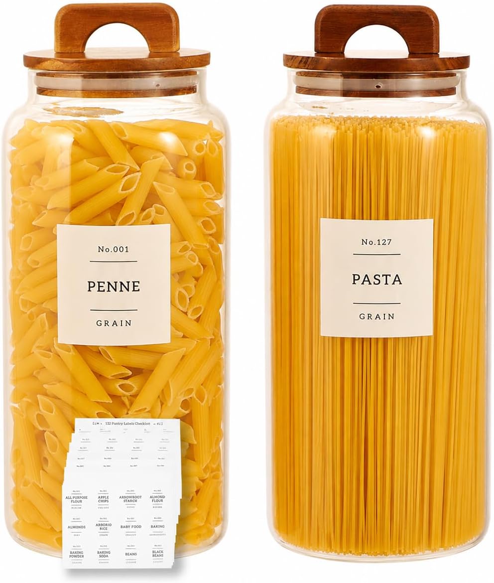 2 Pack Large Glass Flour and Sugar Containers with 132 Pantry Labels - 64 FL OZ Glass Canisters with Bamboo Airtight Lids - Farmhouse Glass Cookie Jars for Rice, Pasta, Cereal, Bath Salt