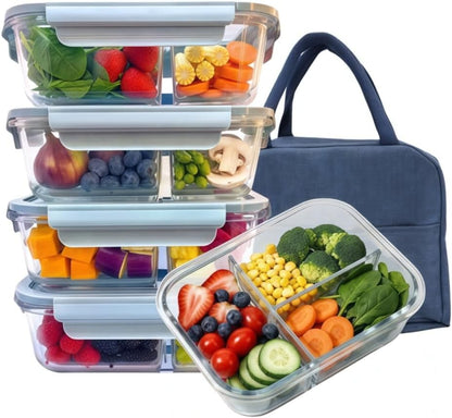 5Pack (32oz-3 Compartments with Lunch Bag) Glass Food Storage Containers with Lids for Kitchen Meal Prep, Fridge Organization, Lunch Box