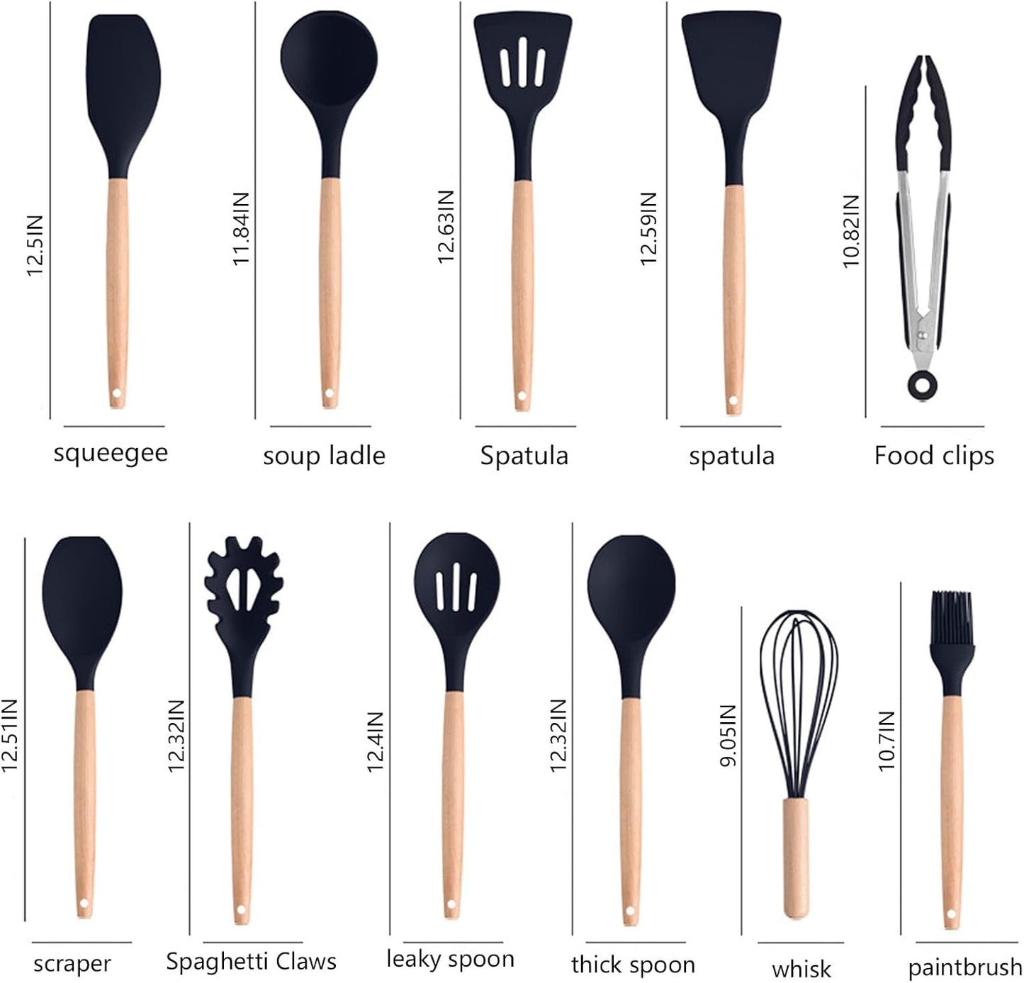Non-Stick Silicone Cooking Utensils Set, 5 Pcs with Wooden Handle, Heat Resistant Silicone Kitchen Gadgets (Black)