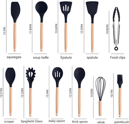 Non-Stick Silicone Cooking Utensils Set, 5 Pcs with Wooden Handle, Heat Resistant Silicone Kitchen Gadgets (Black)