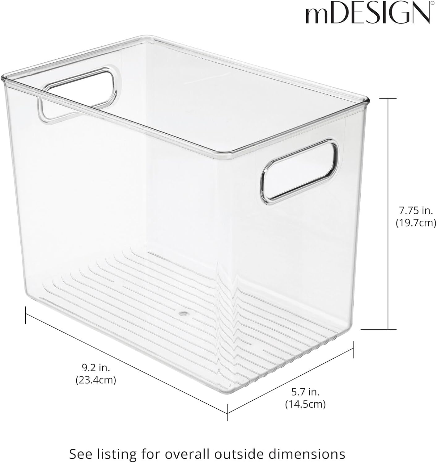 mDesign Plastic Storage Organizer Container Bin for Kitchen Organization in Pantry, Cabinet, Countertop Fridge, Refrigerator, and Freezer - Hold Food, Drink, or Snacks, Ligne Collection, 4 Pack, Clear