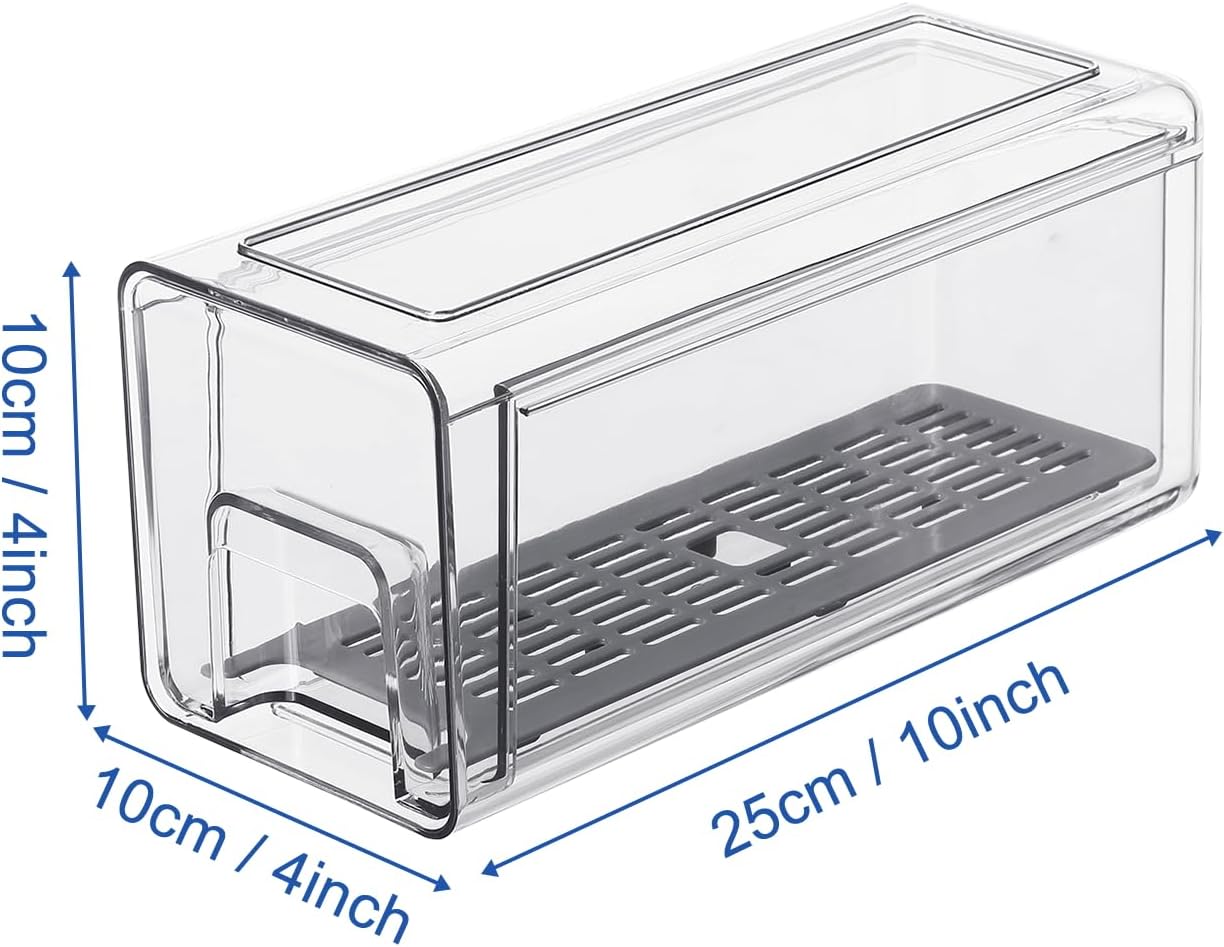 Pull Out Clear Fridge Organizer Drawers with Drainer, Refrigerator Stackable Storage Bins for Kitchen Fruit & Veggie Organization (Complete Set)