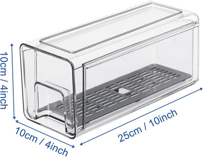 Pull Out Clear Fridge Organizer Drawers with Drainer, Refrigerator Stackable Storage Bins for Kitchen Fruit & Veggie Organization (Complete Set)