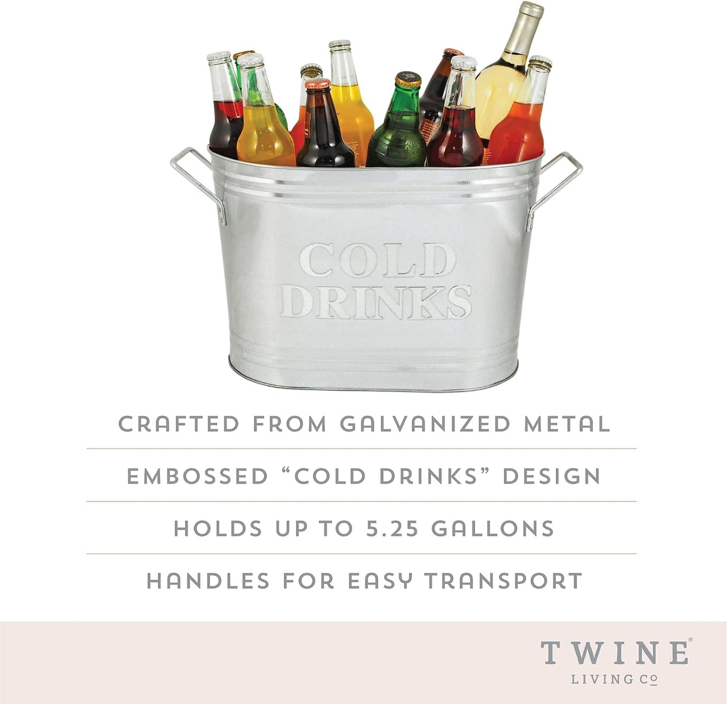 Twine Cheers Beverage Tub, Galvanized Tubs for Entertaining, Drink Buckets for Parties, Large Ice Tub and Gift Basket, Beer Buckets, Cream, 6.3 Gallons Set of 1