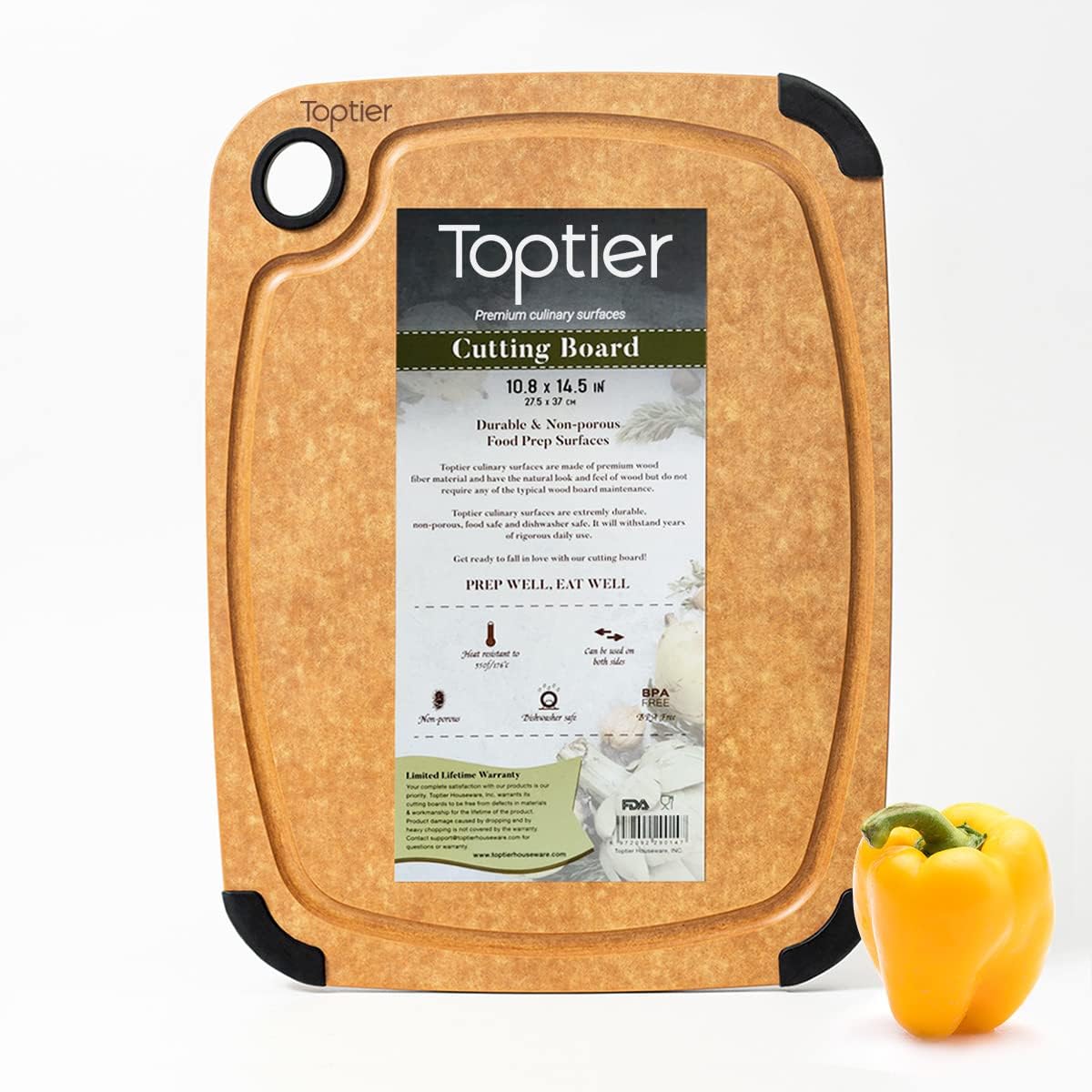 Cutting Board for Kitchen Dishwasher Safe, Toptier, Wood, Fiber , Eco-Friendly, Non-Slip, Juice Grooves, Non-Porous, BPA Free, Small, Silicone, 11.5 x 9.25-inch, Natural Slate