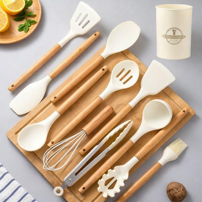 Silicone Kitchen Utensil Set with Holder, 12-Piece Heat-Resistant BPA-Free Non-Stick Cooking Tools with Wooden Handles, Includes Spatula, Spoon, Slotted Spoon, Whisk, Tongs & Brush