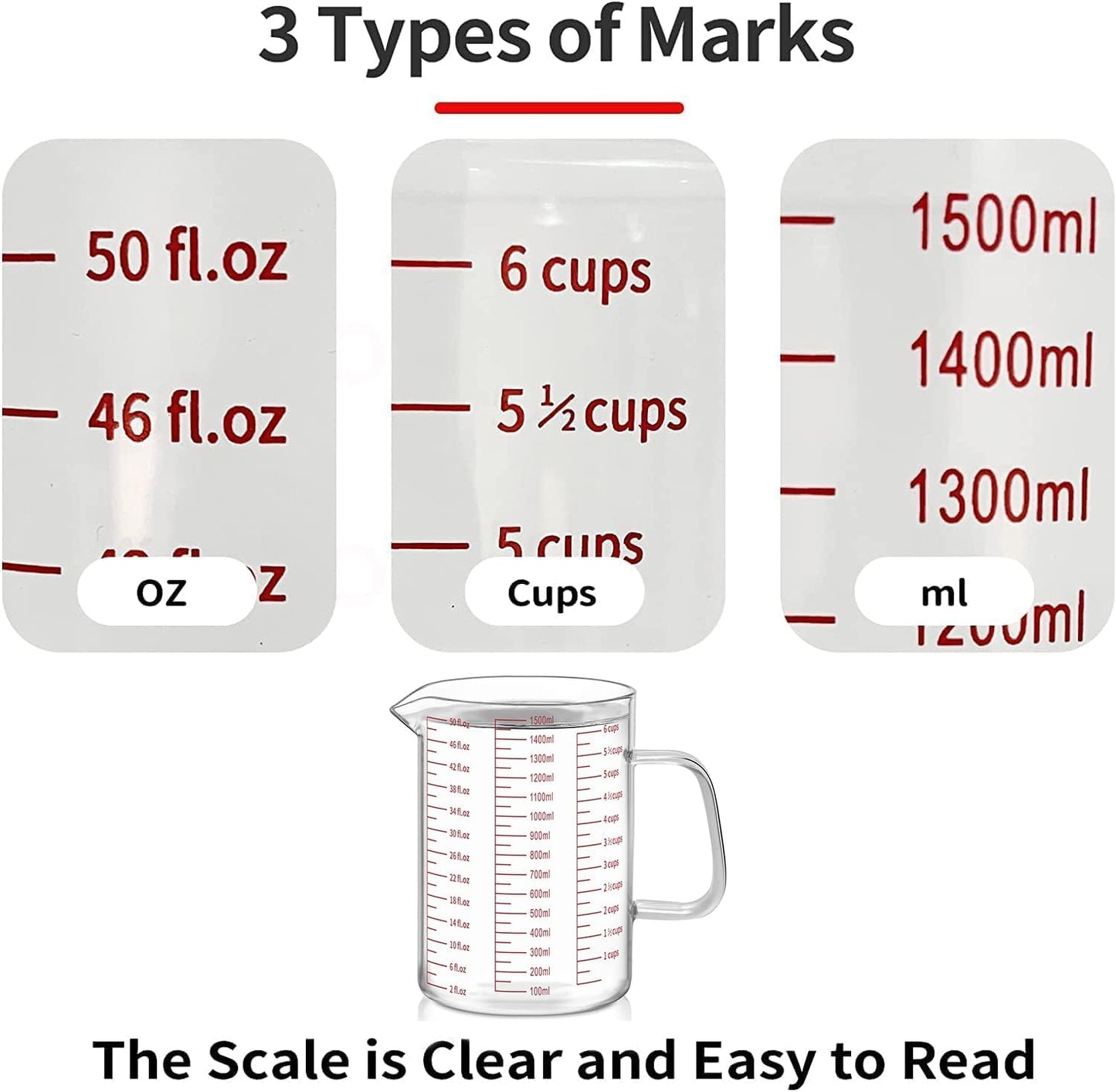Luvan 34OZ/1000ML Glass Measuring Cup, 4 Cup Glass Measuring Cups With 3 Scales (Ml/Oz/Cup), High Borosilicate Measuring Cup With Handle and V-Shaped Spout, Dishwasher/Freezer/Microwave Safe