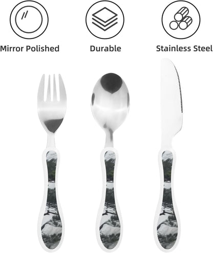 3-Piece Kids Silverware Set With Storage Case, Stainless Steel Reusable Children Safe Knife Spoon Fork Set Blue Active Girl Running Sunset Children Flatware Set For Kids Lunch Box - Colors A