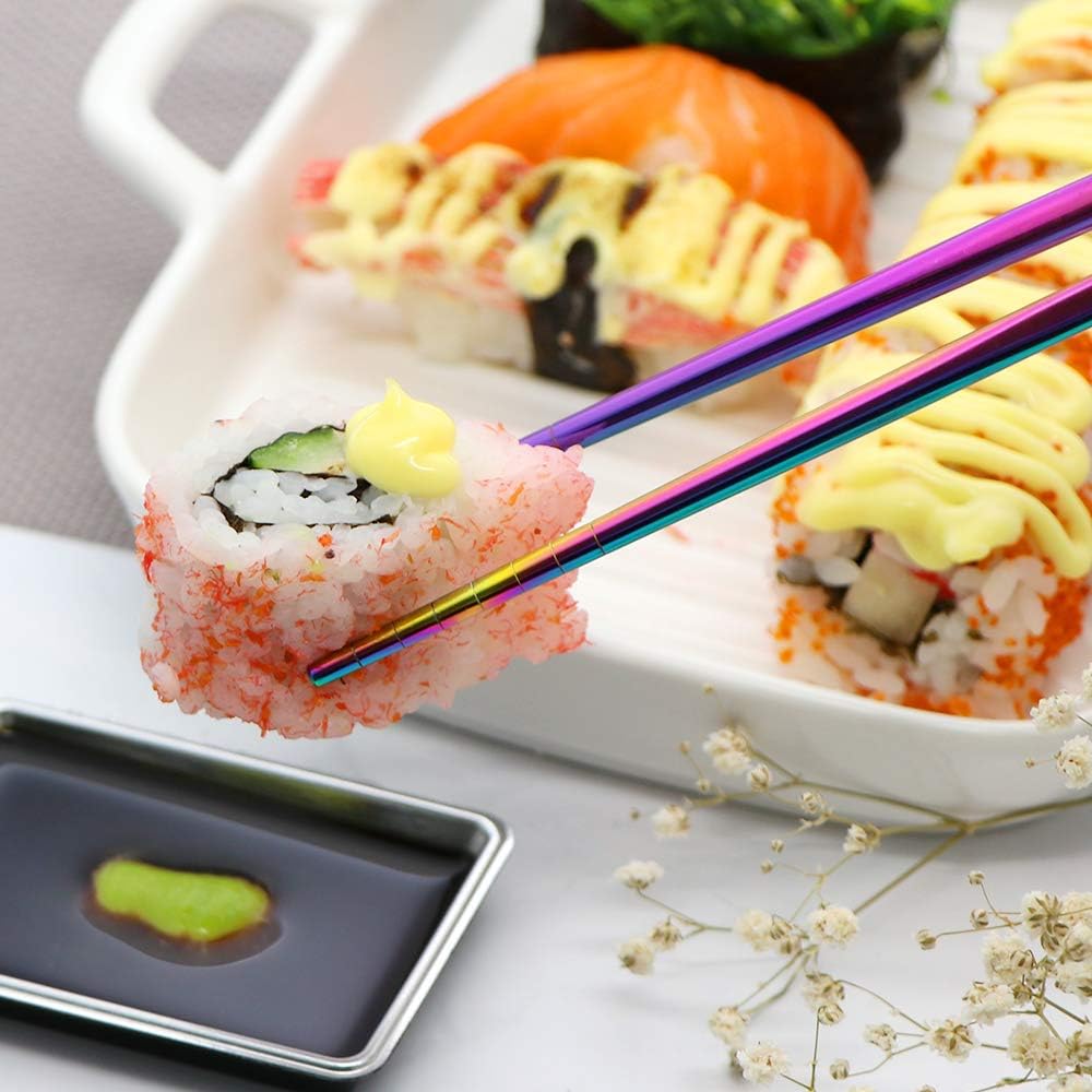 Travel Utensils Set with Case Reusable Portable Cutlery Set Stainless Steel 8pcs Including Dinner Knife Fork Spoon Chopsticks Straws(Rainbow)