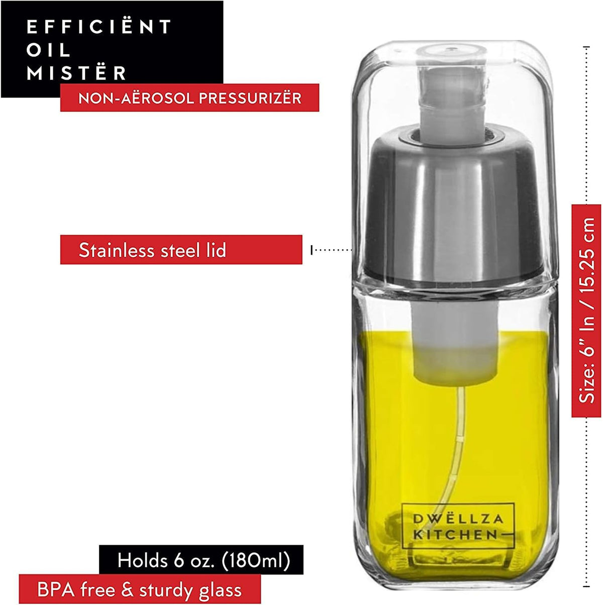DWËLLZA KITCHEN Olive Oil Dispenser Bottle For Kitchen Set 6 oz Sprayer For Cooking and Glass 17 Oz. Cooking Pour Dispenser With Measurements for Cooking, Airfryer, Salad & BBQ
