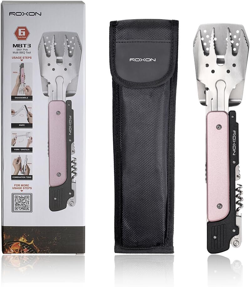 ROXON 6-in-1 Folding Grill Utensils Set, 14" BBQ Tools for Camping S601