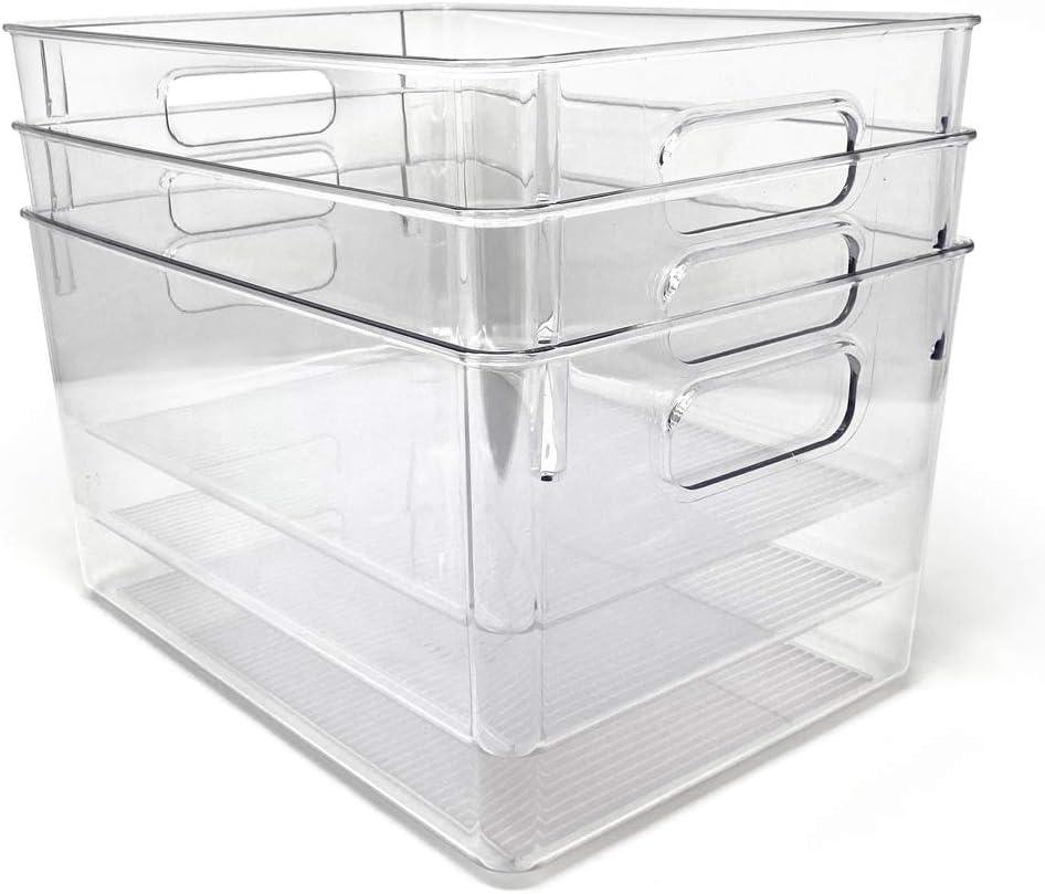 Isaac Jacobs 3-Pack Medium Clear Storage Bins with Handles, Plastic Organizer for Home or Fridge/Freezer, Pantry and Kitchen Non-Slip Container Set, BPA Free, Food Safe (3-Pack, Medium)