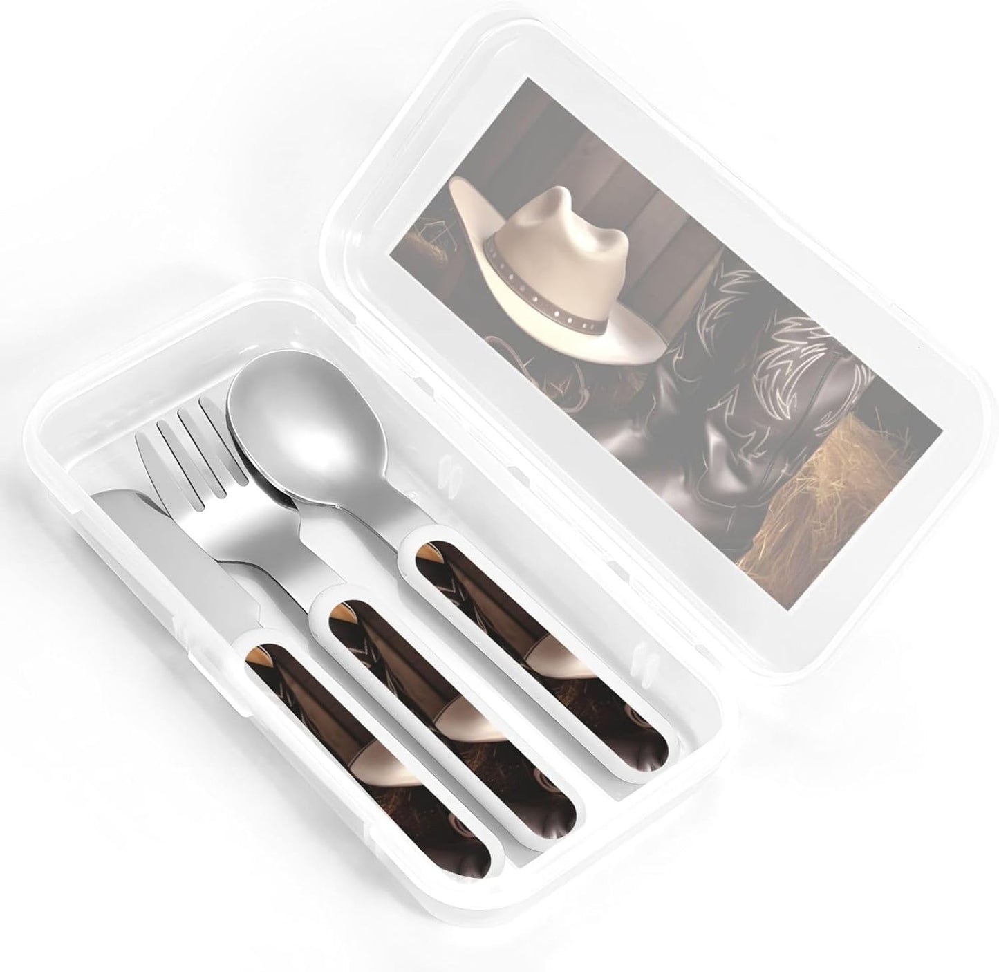 Stainless Steel Kids Silverware Set, Cowboy Black Hat Western Boots Utensil Set Reusable Children Safe Knife Spoon Fork Set With Storage Case Dishwasher Safe For Lunch, Travel Outdoors