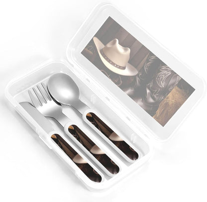 Stainless Steel Kids Silverware Set, Cowboy Black Hat Western Boots Utensil Set Reusable Children Safe Knife Spoon Fork Set With Storage Case Dishwasher Safe For Lunch, Travel Outdoors