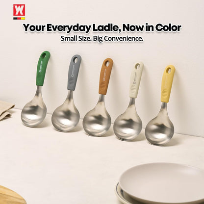 Short Stainless Steel Ladle 220mm (8.6”) – SUS304 Thick Deep Bowl Head with Soft-Grip Silicone Handle – Lightweight Mini Soup & Serving Spoon for Cooking – 5 Color Options (Gray)