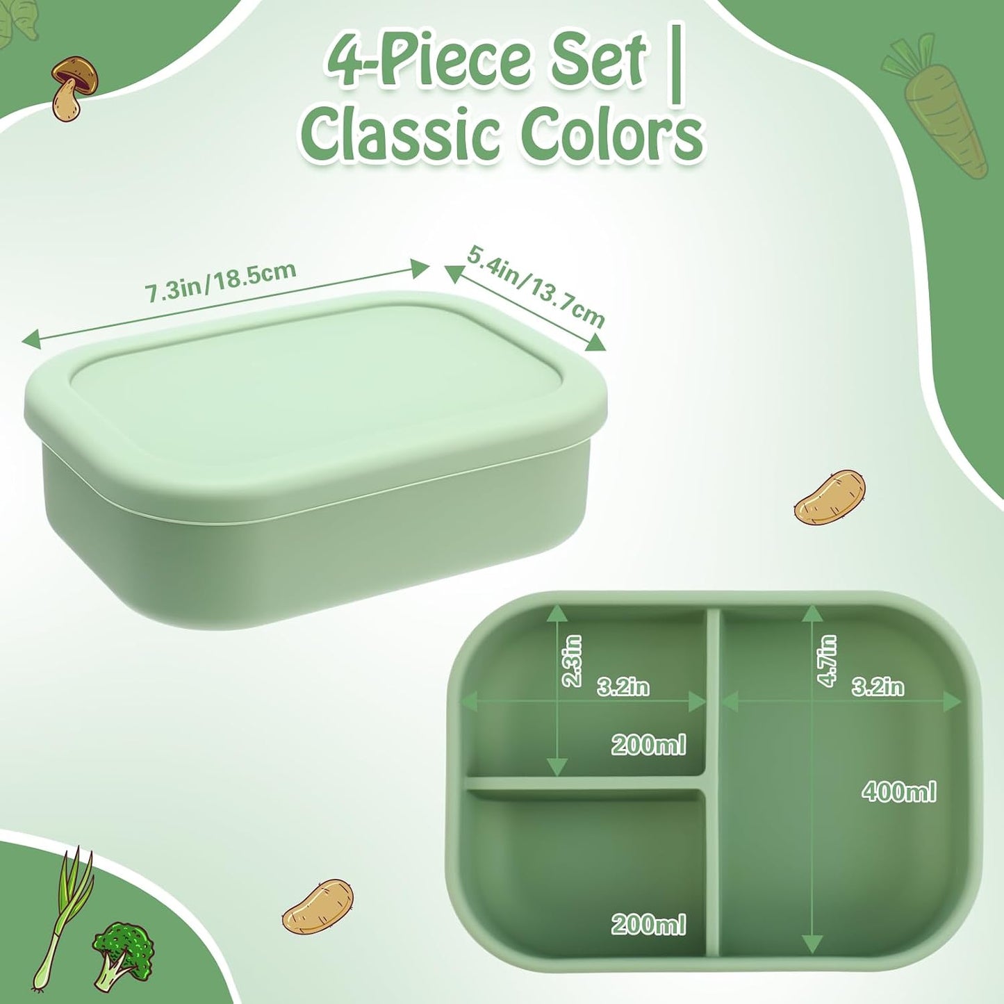 Honeydak 6 Pcs Silicone Bento Box Reusable Silicone Bento Lunch Container for Adults Microwave Dishwasher Freezer Safe 3 Compartment (Light Colors)